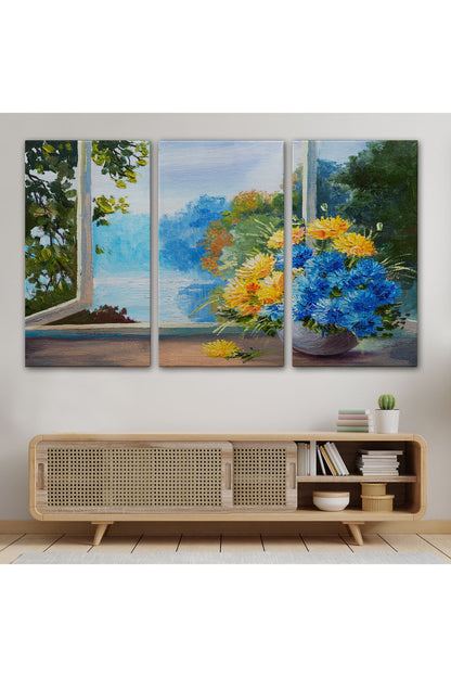 YB Pencere Kenarıdaki Çiçek Buketi Kanvas Duvar Tablosu-3453