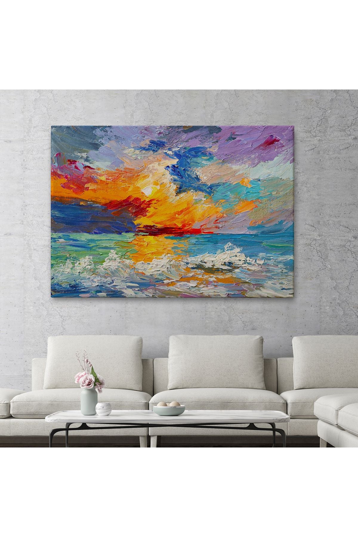 Denizde Gün Batımı Yağlıboya Görünüm Dekoratif Kanvas Duvar Tablosu-3525