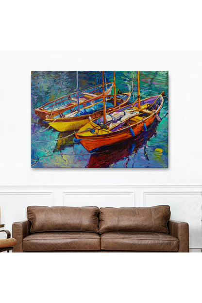 Okyanus Üzerinde Gün Batımı Tekne ve Deniz Kanvas Duvar Tablosu-1194