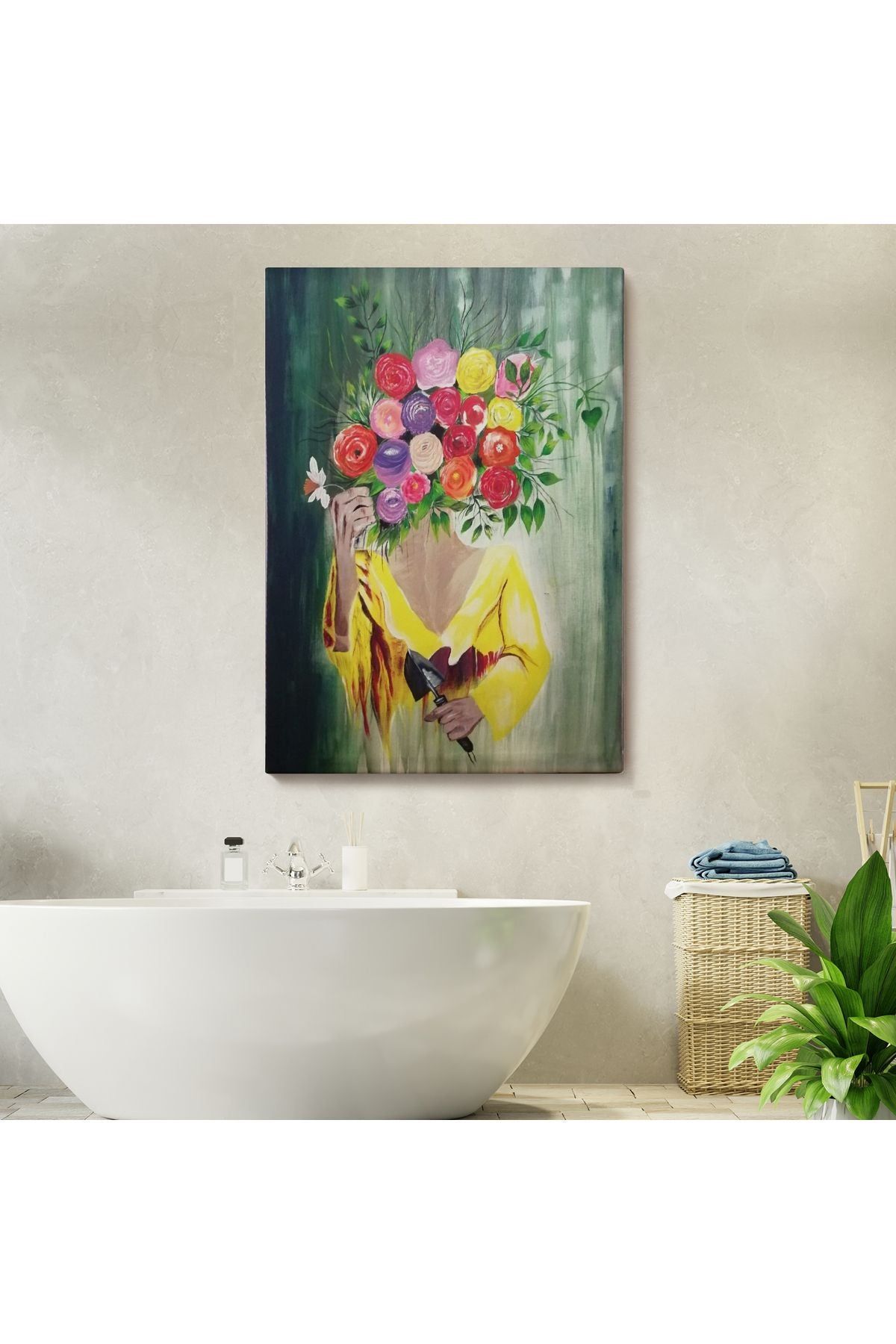 Çiçek Başlı Kadın Portresi Yağlıboya Görünüm Dekoratif Kanvas Duvar Tablosu -5124