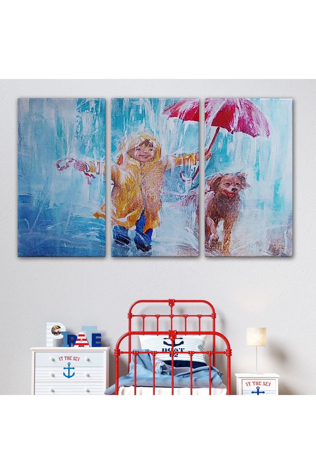Yağmurda Köpeğini Gezdiren Cocuk Yağlıboya Görünümlü Kanvas Tablo-3454