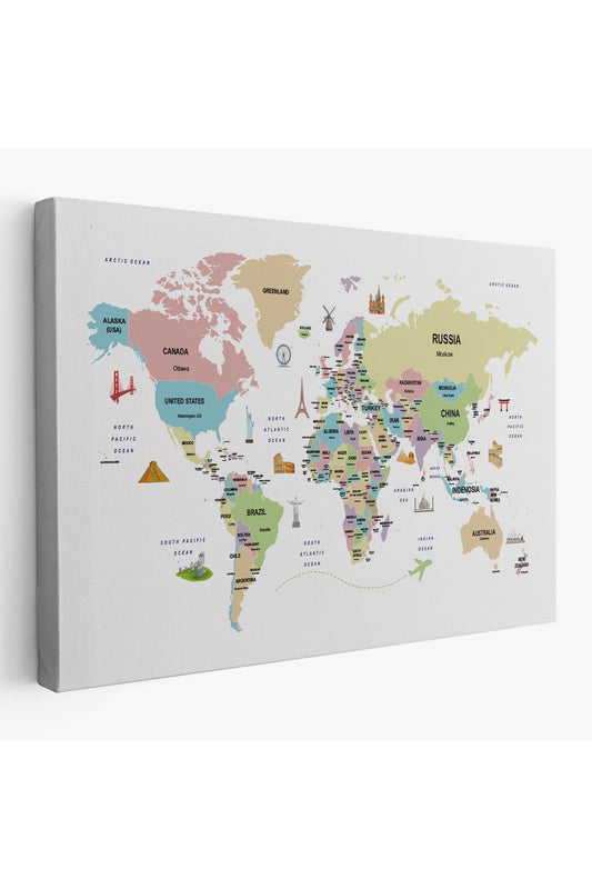 Dünya Haritası Dekoratif Kanvas Tablo Ülke ve Başkentli Öğretici ve Sembollü 2307
