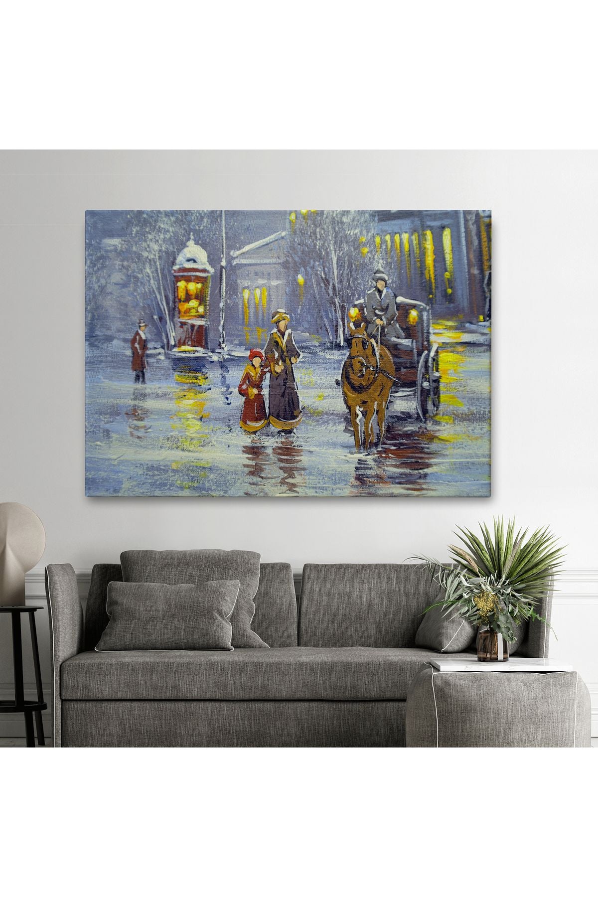 Eski Şehir ve At Arabası Yağlıboya Görünüm Dekoratif Kanvas Duvar Tablosu-3573