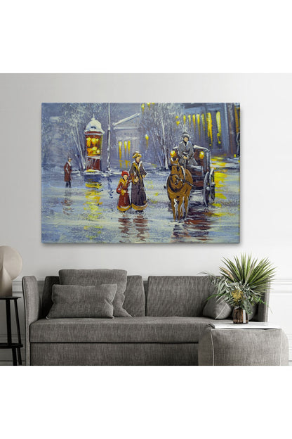 Eski Şehir ve At Arabası Yağlıboya Görünüm Dekoratif Kanvas Duvar Tablosu-3573