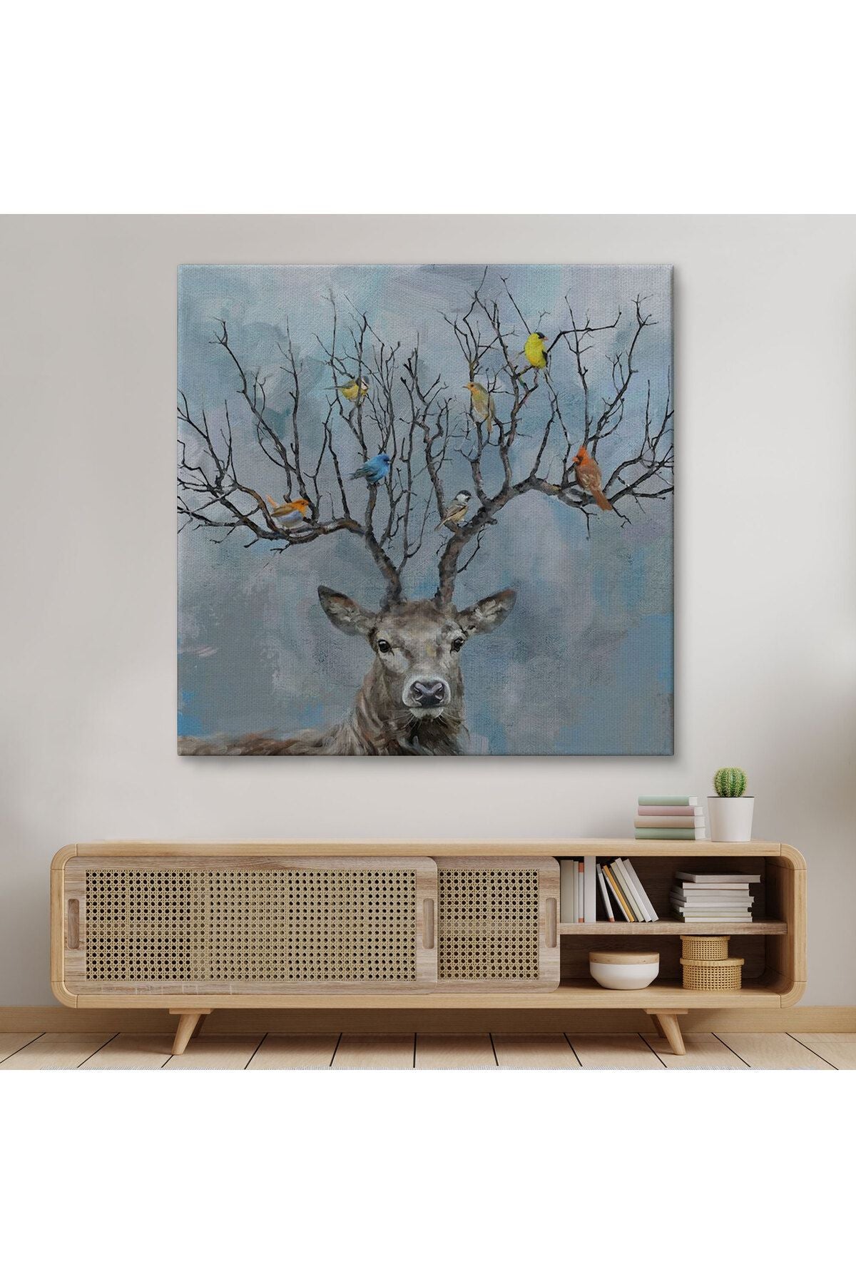 Geyik Boynuzları Üzerinde Renkli Kuşlar Tablosu-5863