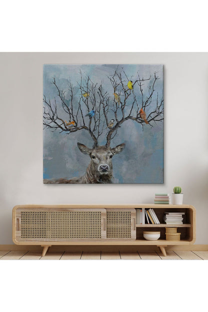 Geyik Boynuzları Üzerinde Renkli Kuşlar Tablosu-5863