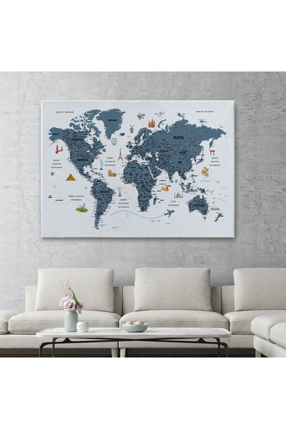 Türkçe Dünya Haritası Son Derece Ayrıntılı Eğitici ve Sembollü Kanvas Tablo 3188