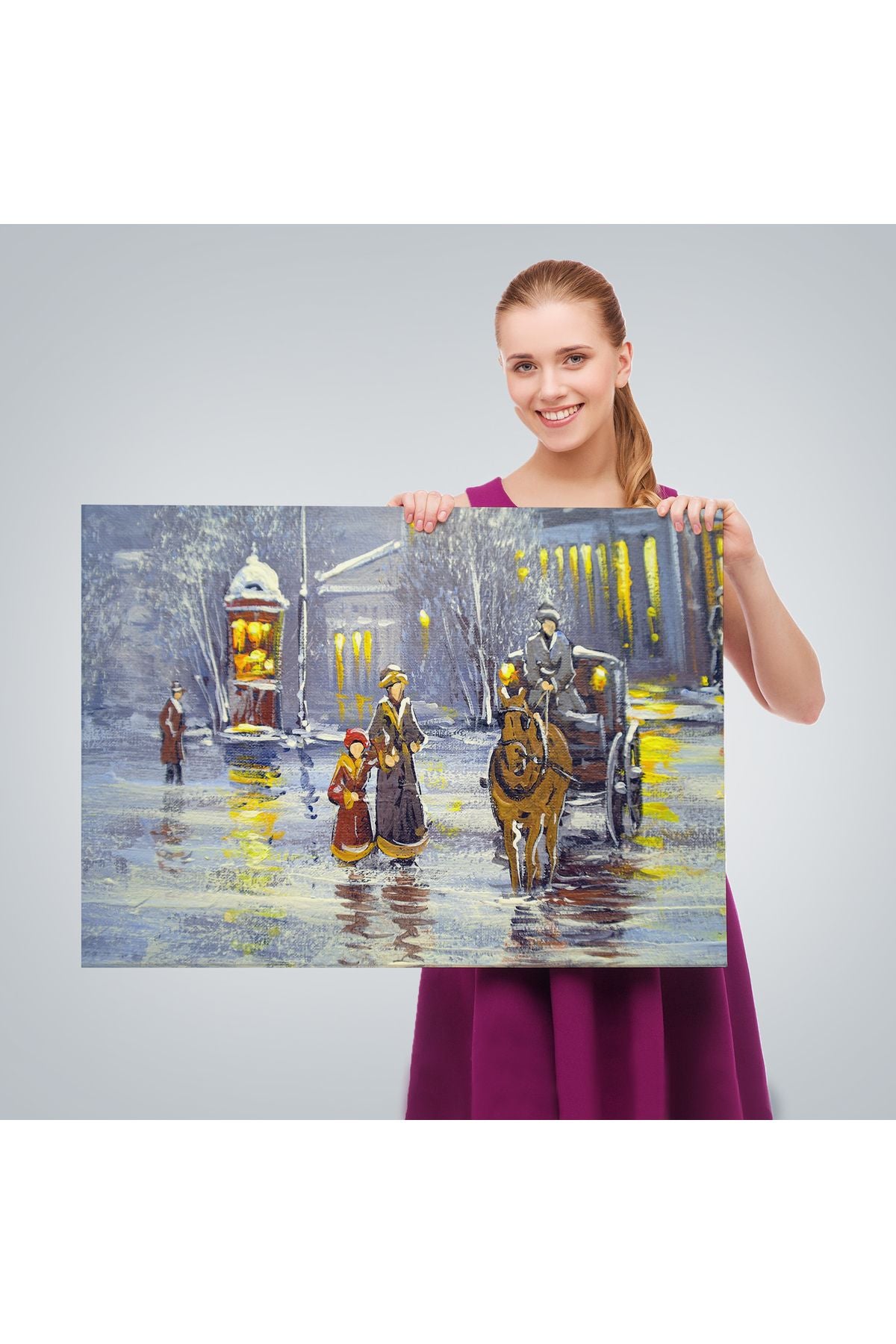 Eski Şehir ve At Arabası Yağlıboya Görünüm Dekoratif Kanvas Duvar Tablosu-3573