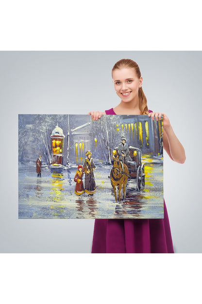 Eski Şehir ve At Arabası Yağlıboya Görünüm Dekoratif Kanvas Duvar Tablosu-3573