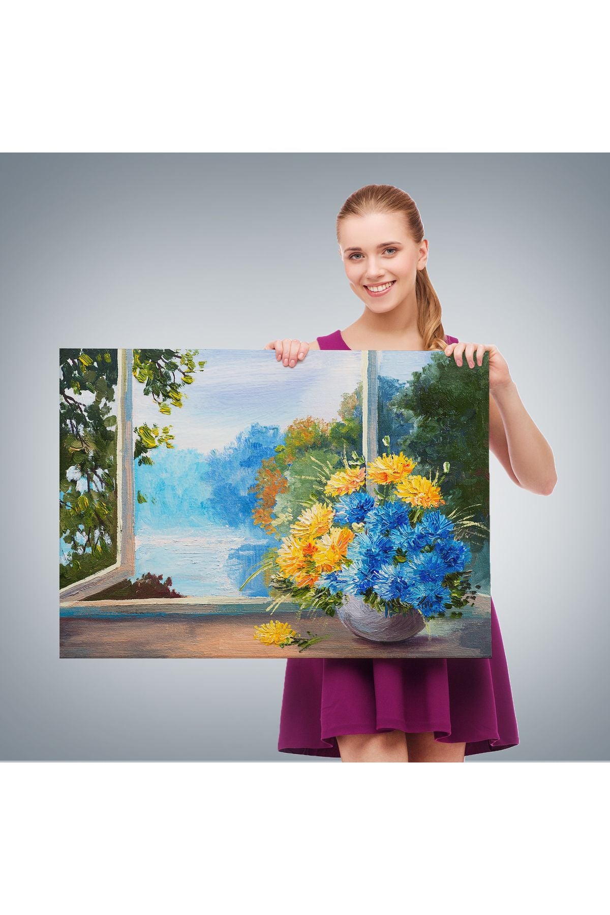 YB Pencere Kenarıdaki Çiçek Buketi Kanvas Duvar Tablosu-3453