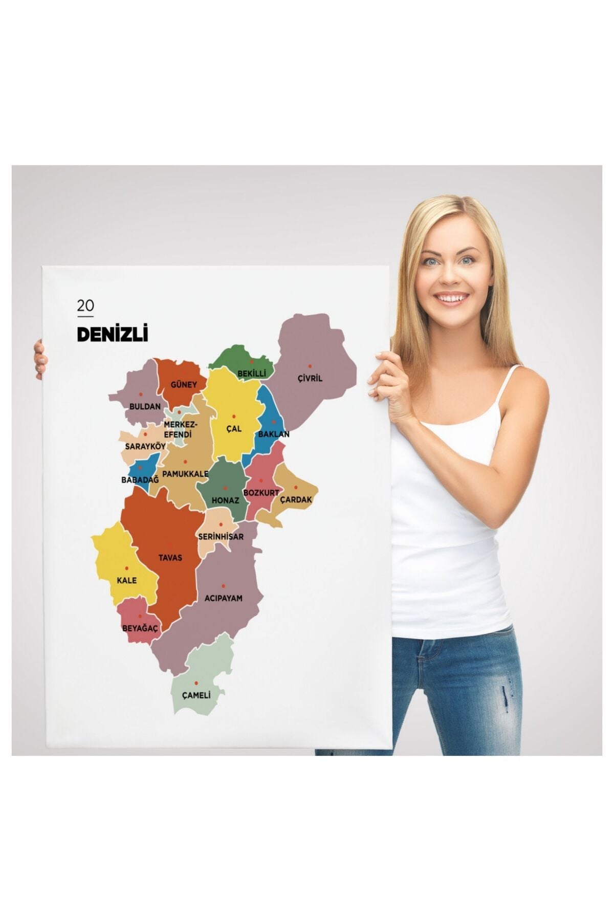 Kanvas, Duvar Tablosu, Dekoratif, İl ve İlçeler Haritası Denizli, Modern 1319 EGKNV