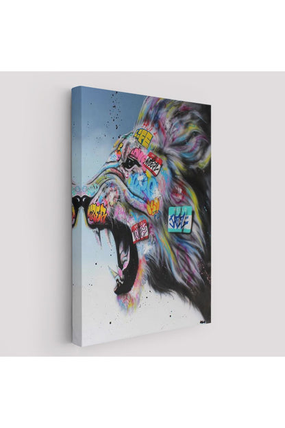 Renkli Kükreyen Aslan Kanvas Tablo, Pop Art, Sokak Sanatı-5316