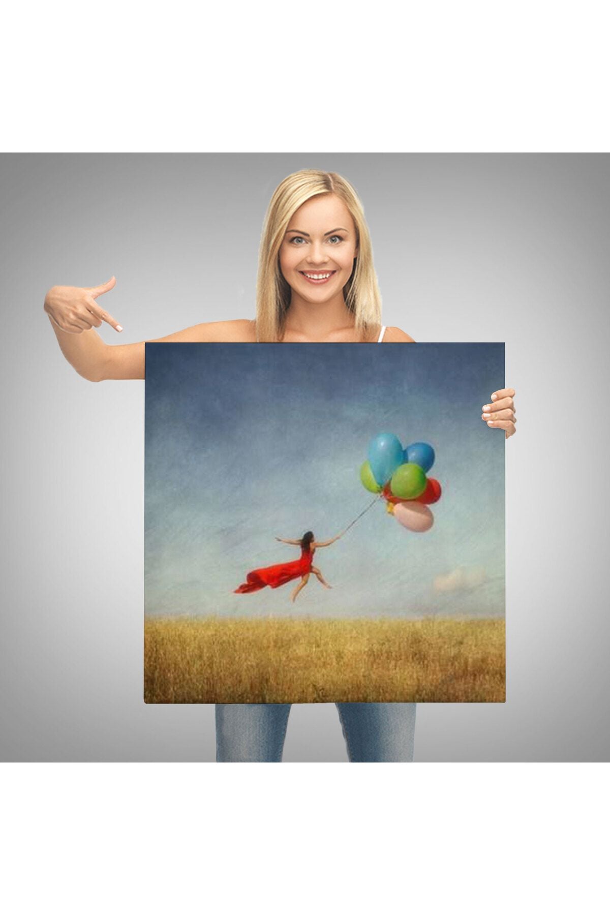 Renkli Balonlarla Uçan Kız Kanvas Tablo-5855