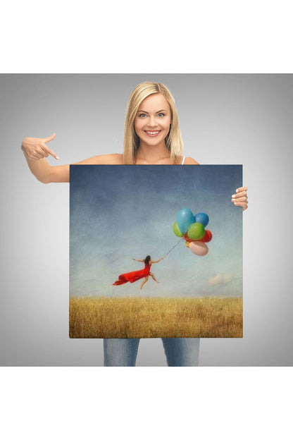 Renkli Balonlarla Uçan Kız Kanvas Tablo-5855