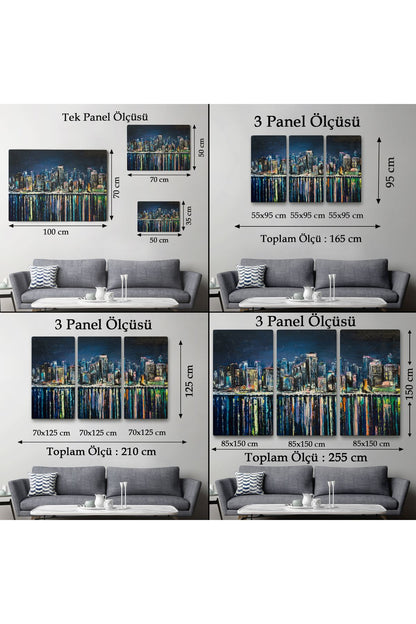 Kıyı Şehrin de Gece Yağlıboya Görünüm Dekoratif Kanvas Duvar Tablosu-3526