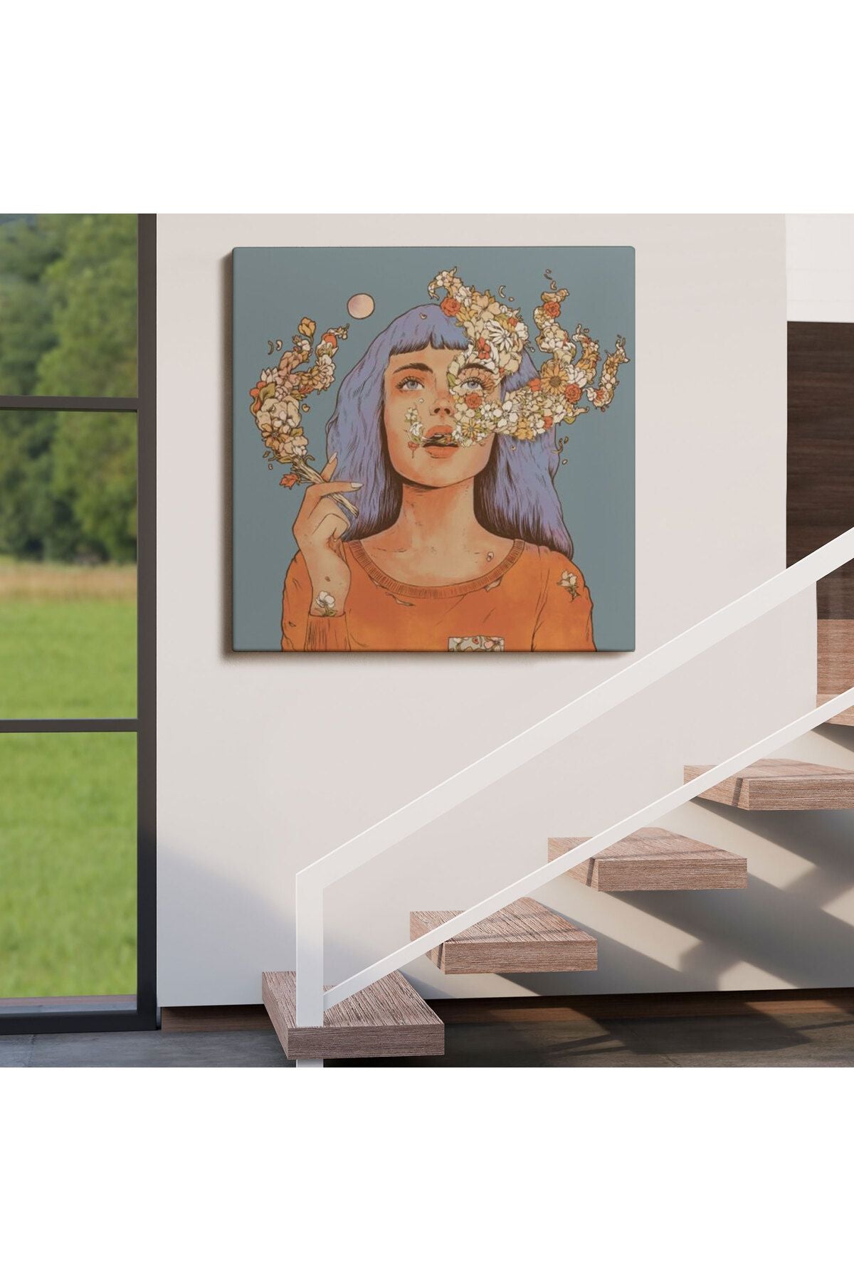 Sigara İçen Kadın Çiçek Detaylı Kanvas Tablo-5877