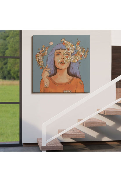Sigara İçen Kadın Çiçek Detaylı Kanvas Tablo-5877