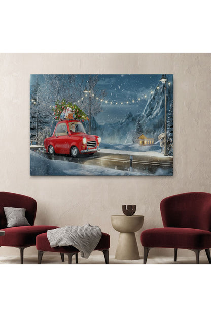 Noel Baba ve Küçük Kırmızı Retro Arabası Kanvas Duvar Tablosu-3752