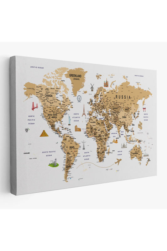Dünya Haritası Son Derece Ayrıntılı Eğitici ve Sembollü Dekoratif Kanvas Tablo 3219