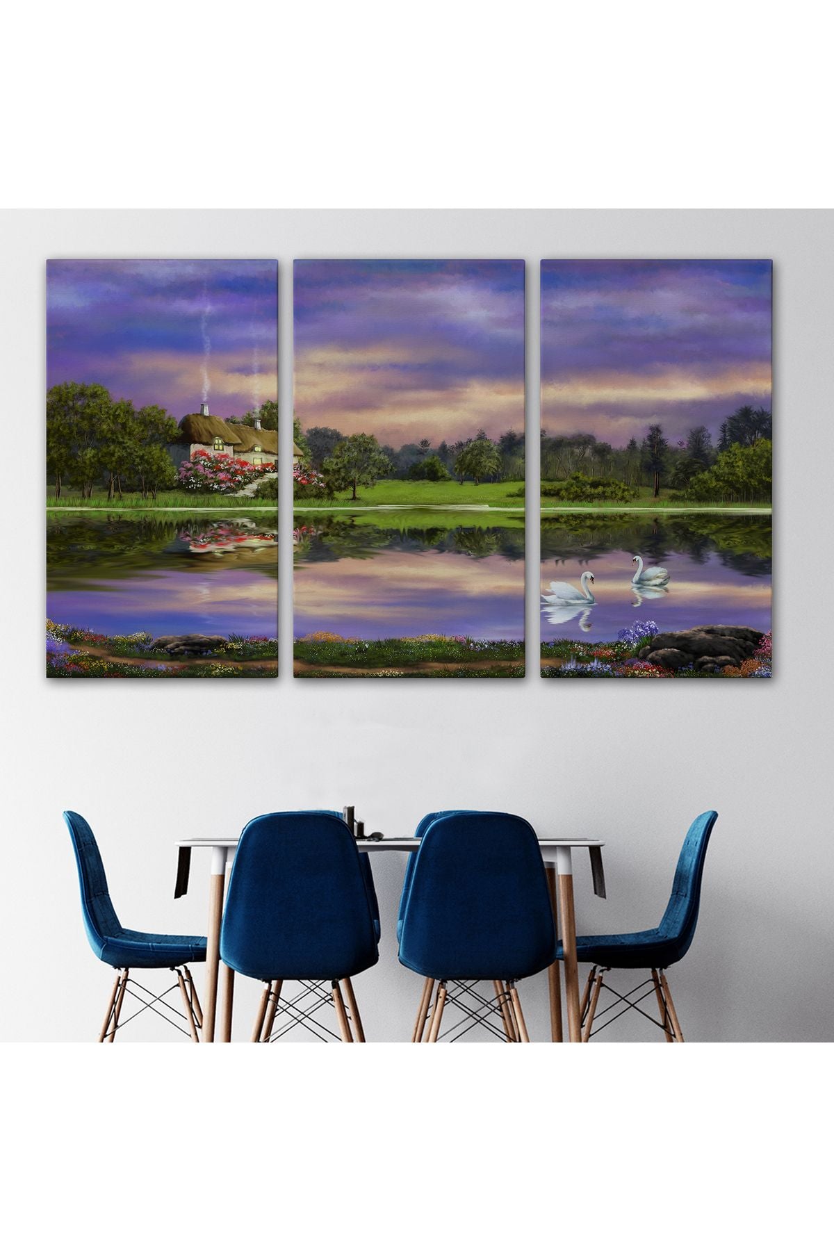 Göl Kıyısındaki Orman Evi Manzarası Yağlıboya Görünüm Dekoratif Kanvas Duvar Tablosu-3678