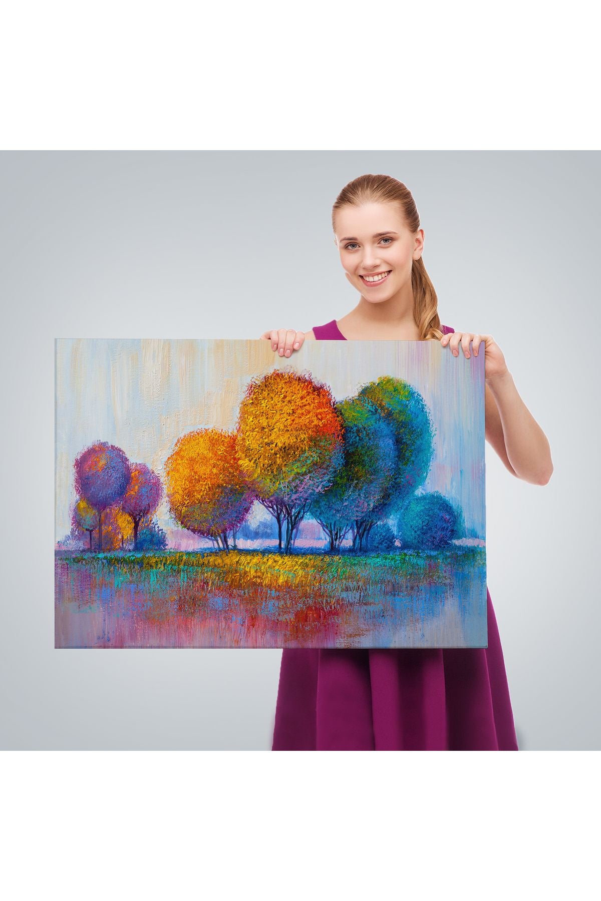 Renkli Ağaçlar Yağlıboya Görünüm Dekoratif Kanvas Duvar Tablosu-3608