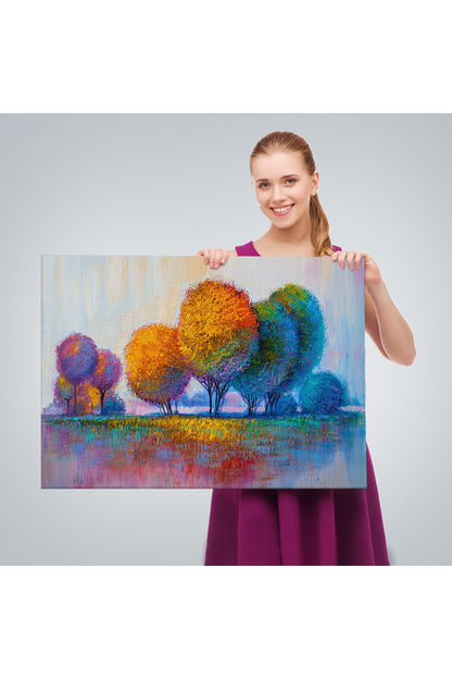 Renkli Ağaçlar Yağlıboya Görünüm Dekoratif Kanvas Duvar Tablosu-3608