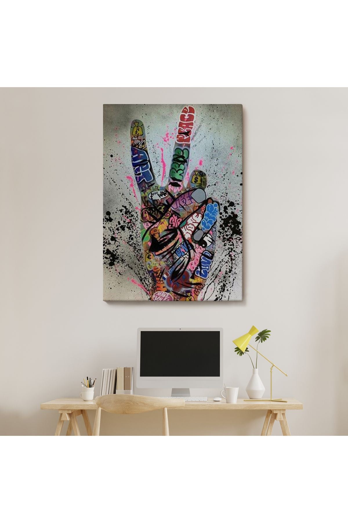 Bansky El Hareketi Kanvas Tablo, Graffiti Zafer İşareti Sokak Sanatı Tablo-5309