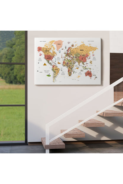 Türkçe Dünya Haritası Son Derece Ayrıntılı Eğitici ve Sembollü Kanvas Tablo 3206