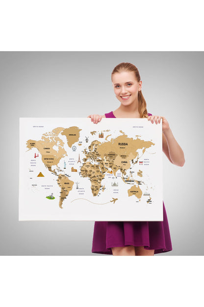 Dünya Haritası Dekoratif Kanvas Tablo Ülke ve Başkentli Öğretici ve Sembollü 2323