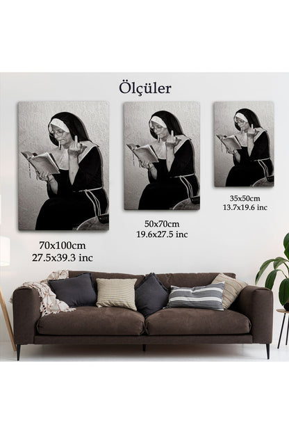 Orta Parmak İşareti Yapan Rahibe Dekoratif Duvar Tablosu-6126
