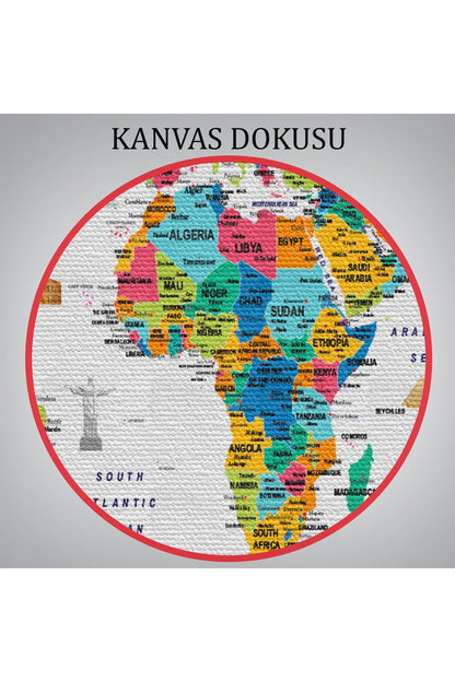 YB Dünya Haritası Ayrıntılı Eğitici  Sembollü Bayraklı Dekoratif Kanvas Tablo 2867