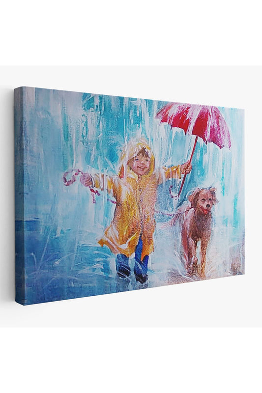 Yağmurda Köpeğini Gezdiren Cocuk Yağlıboya Görünümlü Kanvas Tablo-3454