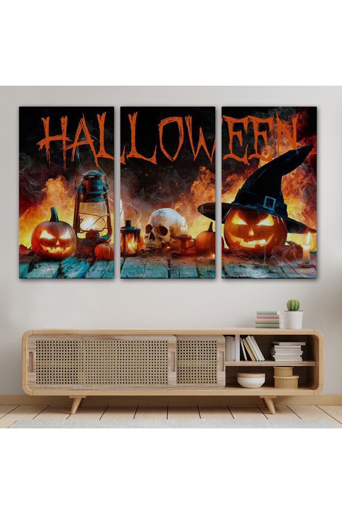 İskelet Kafa ve Oymalı Kabaklar Cadılar Bayramı Dekoratif Duvar Tablosu-5198