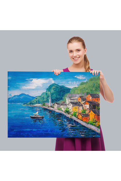 Hallstatt Avusturya  Yağlıboya Görünüm Dekoratif Kanvas Duvar Tablosu-3742