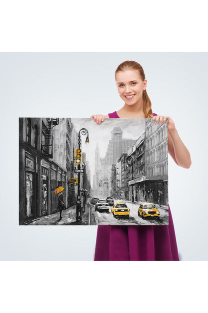 New York Sokakları Ve Sarı Taksi Yağlıboya Görünüm Kanvas Tablo-3552