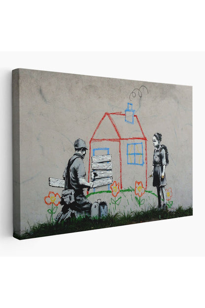 Bansky Çocuğun Çizdiği Evin Kapısını Kapatan Adam Kanvas Tablo-5019