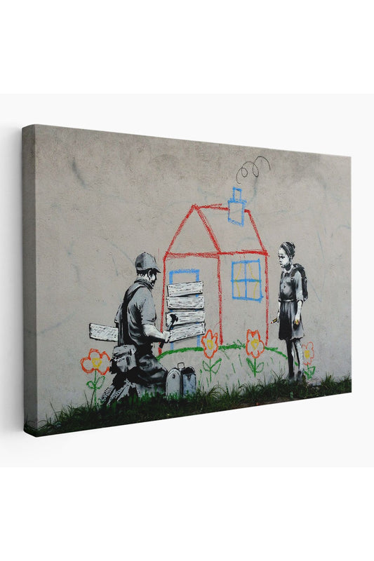 Bansky Çocuğun Çizdiği Evin Kapısını Kapatan Adam Kanvas Tablo-5019
