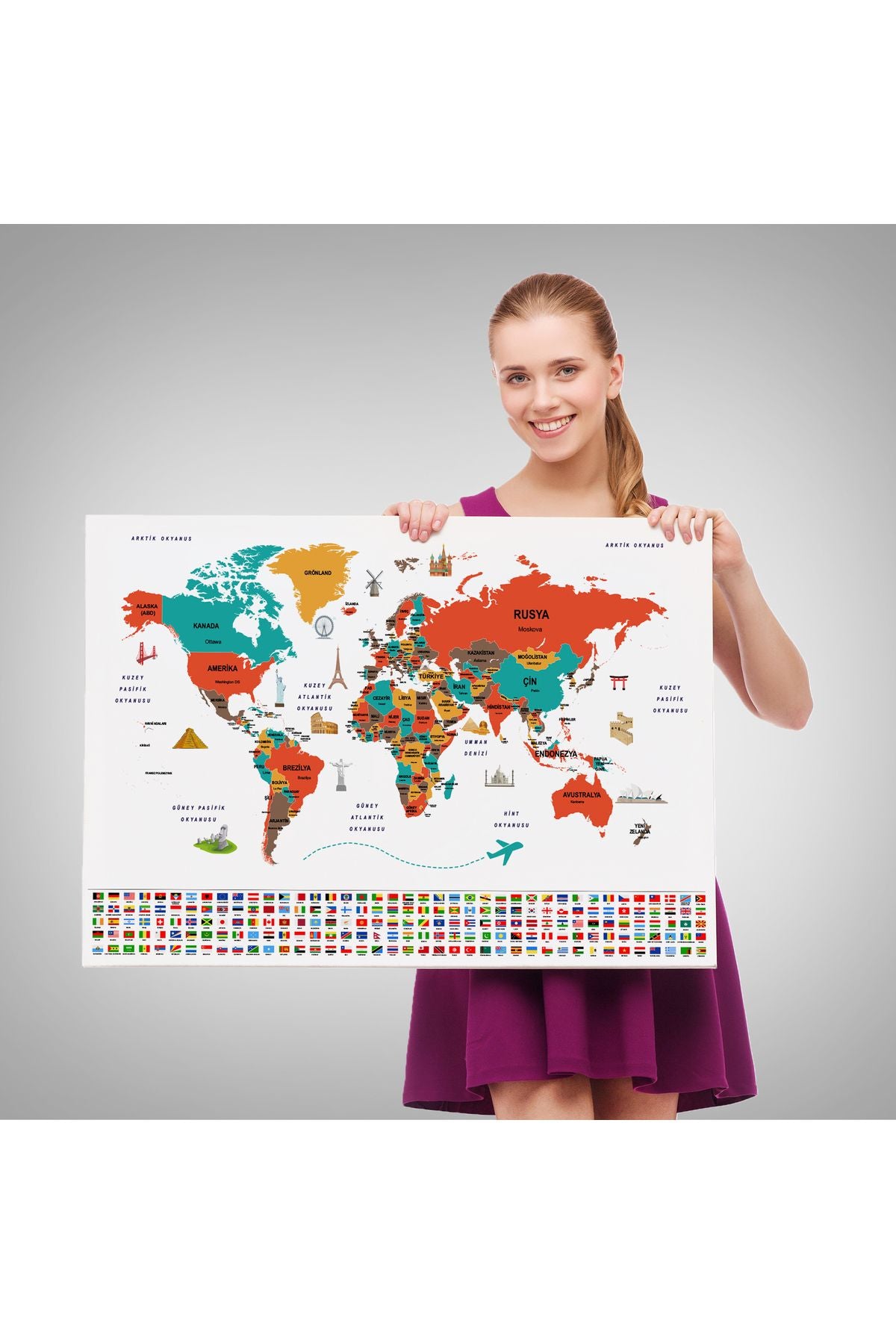 YB HG Türkçe Dünya Haritası Ülke Bayrak ve Başkentli Kanvas Tablo 1922