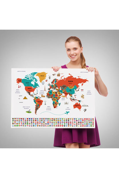 YB HG Türkçe Dünya Haritası Ülke Bayrak ve Başkentli Kanvas Tablo 1922