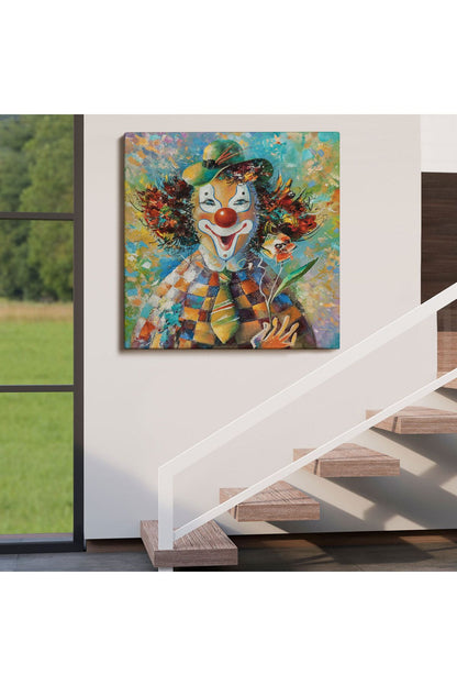 Bir Çiçekli Palyaço Yağlıboya Görünüm Dekoratif Kanvas Duvar Tablosu-5838