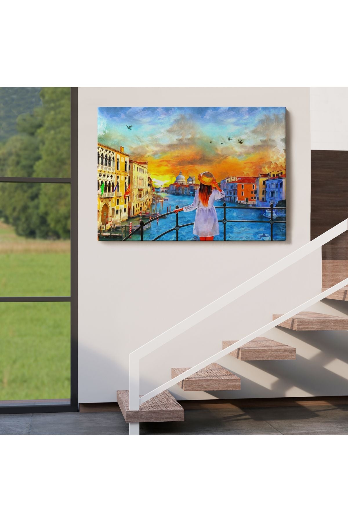 Venedik Kanalını İzleyen Kız Yağlıboya Görünüm Dekoratif Kanvas Duvar Tablosu-3699