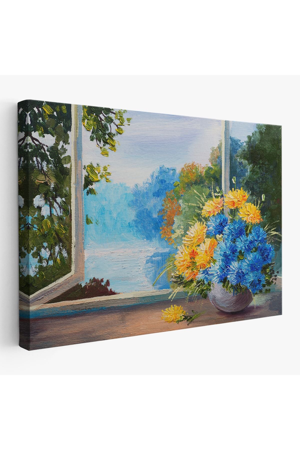 YB Pencere Kenarıdaki Çiçek Buketi Kanvas Duvar Tablosu-3453