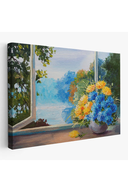 YB Pencere Kenarıdaki Çiçek Buketi Kanvas Duvar Tablosu-3453