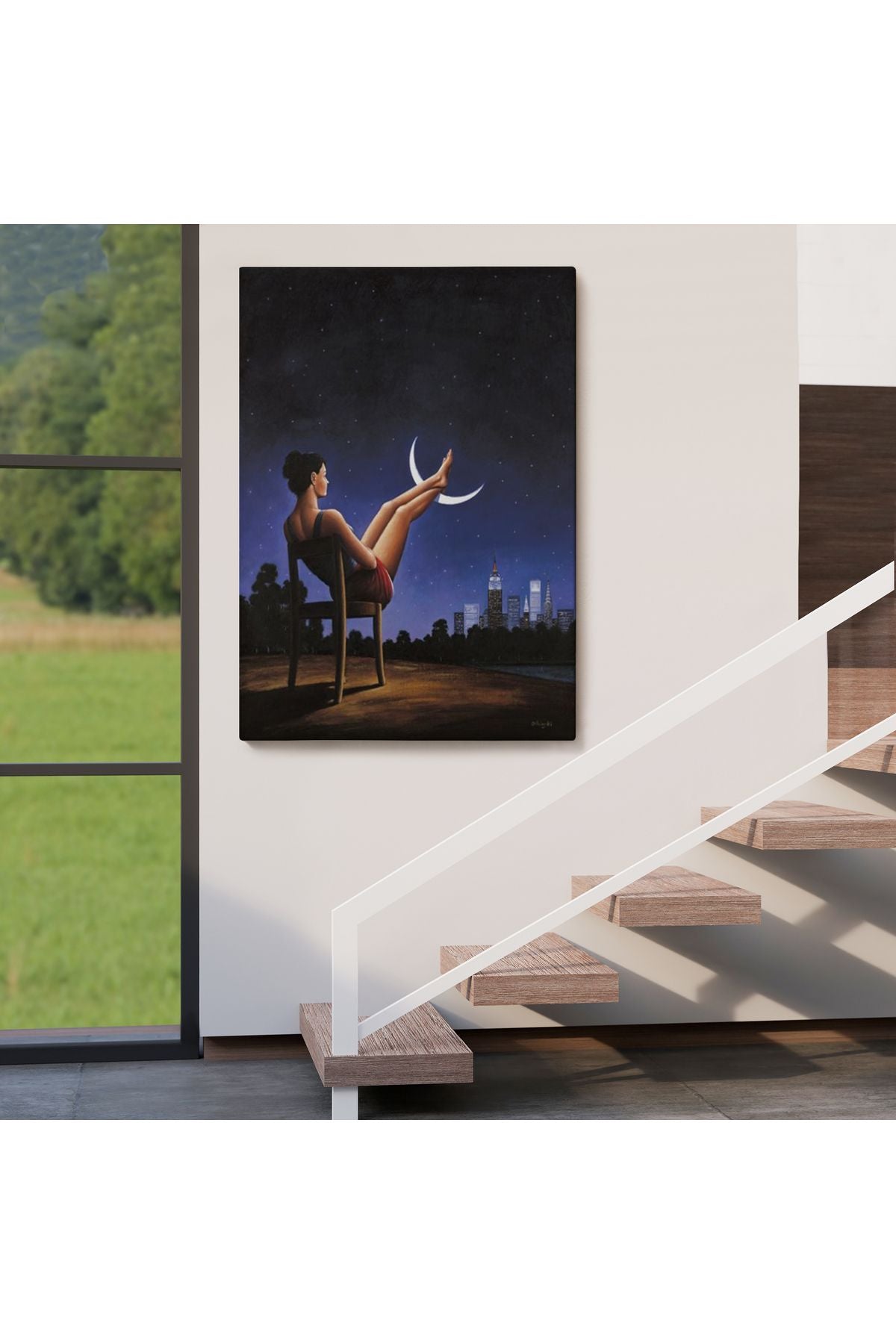 Ay'a Ayaklarını Koyup Dinlenen Kadın, Sürreal Sanat Tablosu-6091