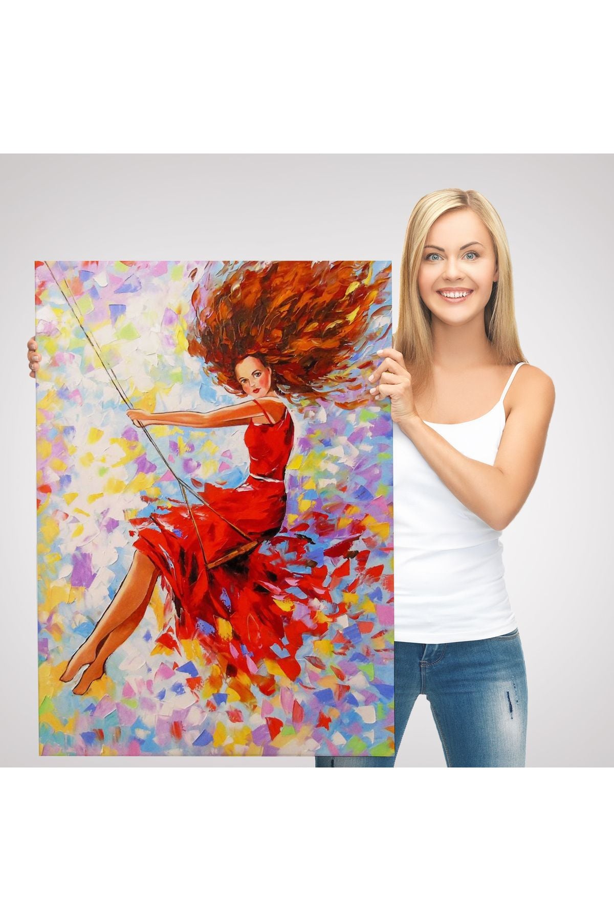 Salıncaktaki Kırmızı Elbiseli Kız Tablosu-6317