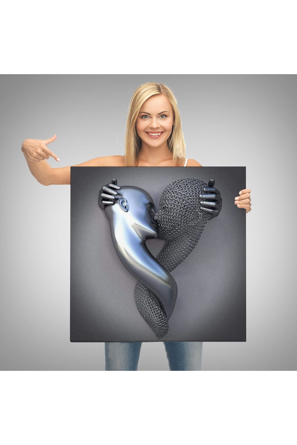 Metalik Efektli Kanvas Tablo, Romantik Beden, Aşk Sanatı, 3D Efektli Gümüş İnsan-5350