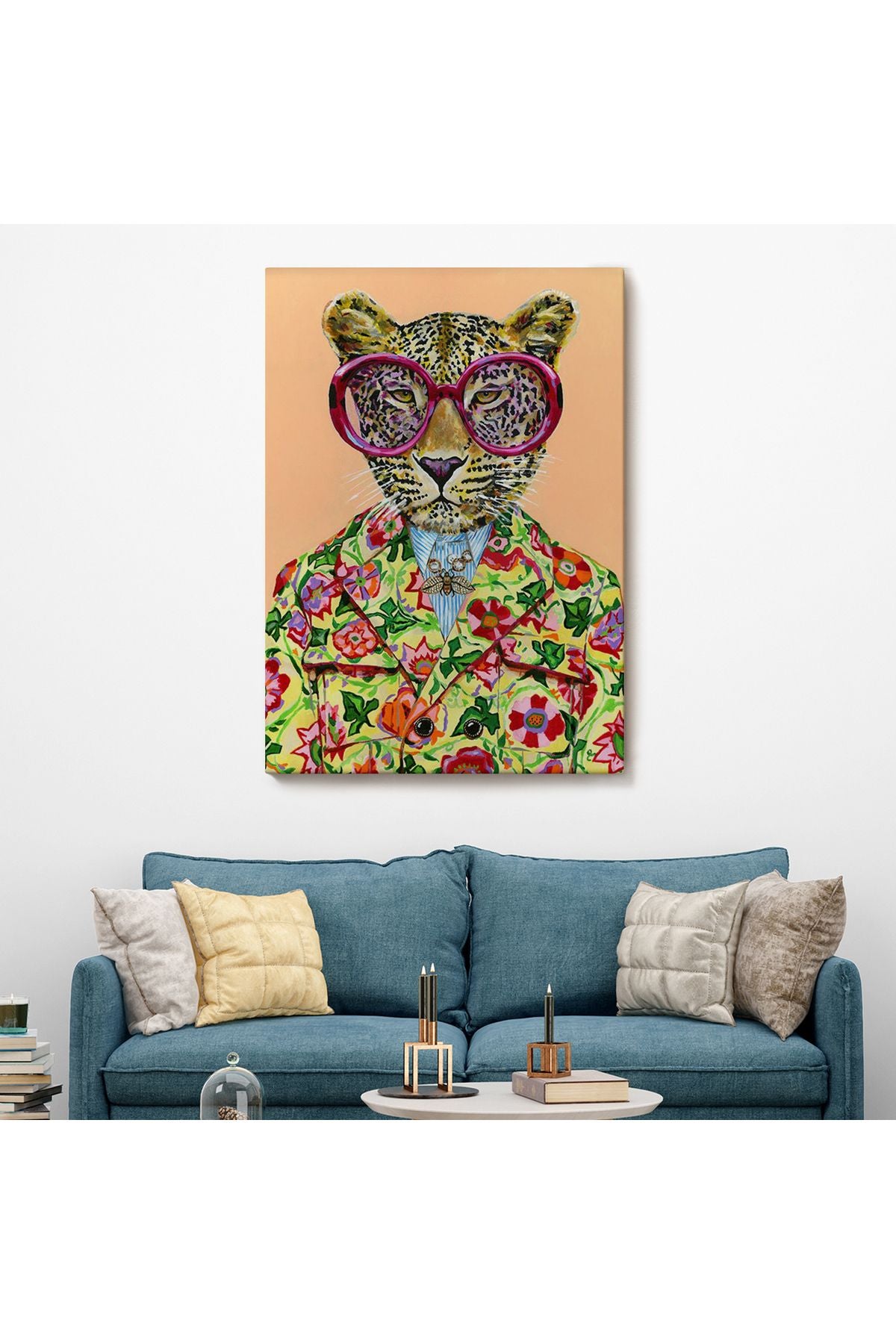 Kokoş Leopar, Çiçek Taçlı Sosyetik Leopar Tablosu -6325