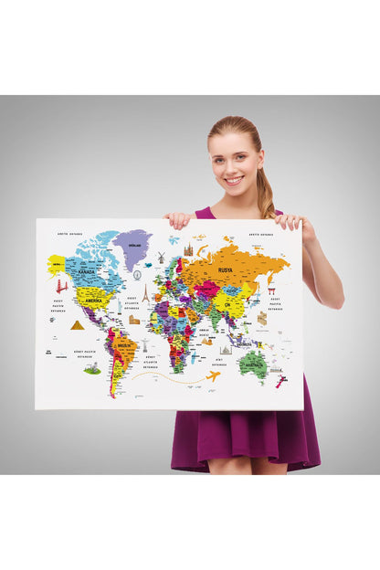 HG Türkçe Dünya Haritası Son Derece Ayrıntılı Eğitici  ve Sembollü Kanvas Tablo 3180