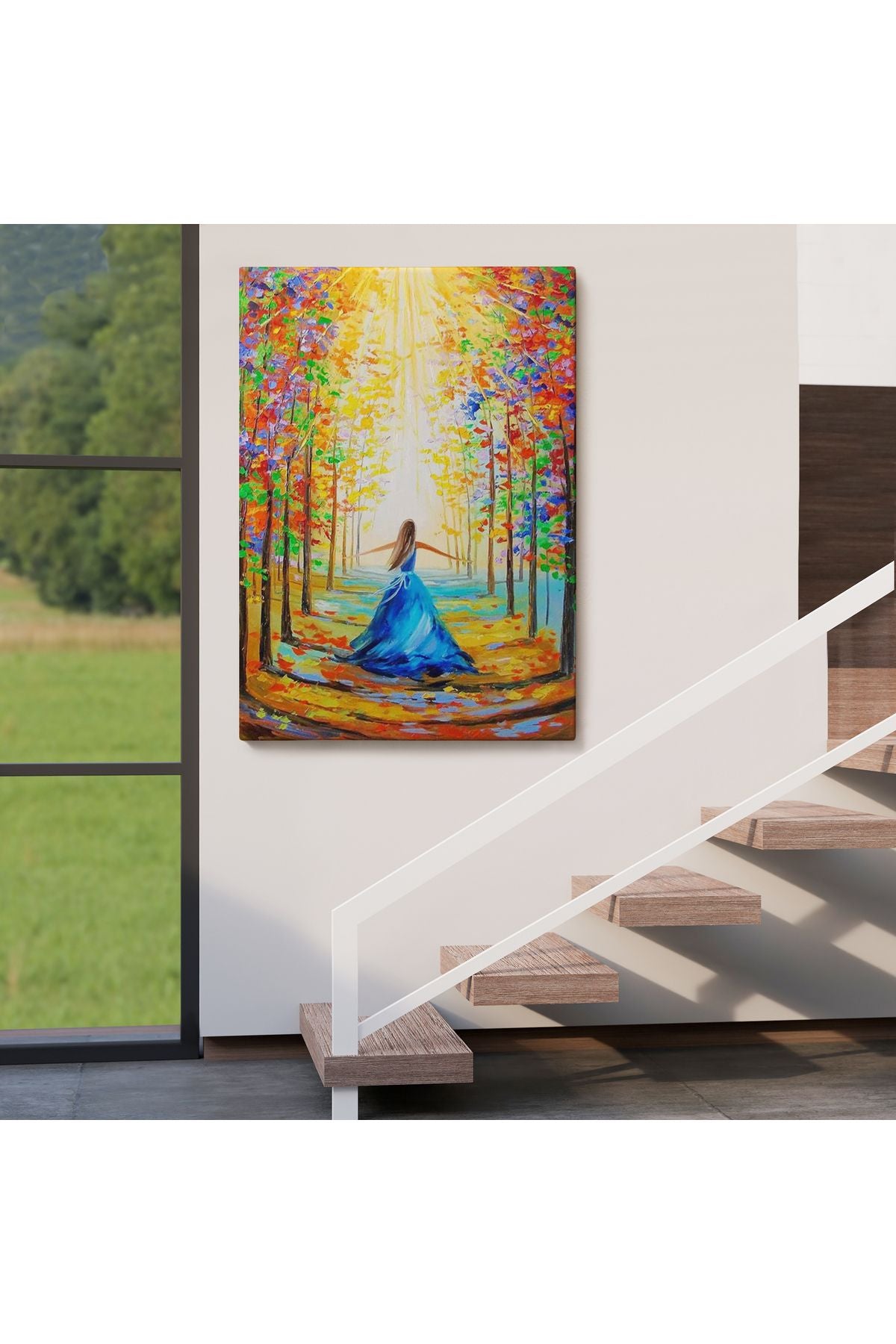 Renkli Ormanda Yürüyen Mavi Elbiseli Kadın Tablosu-6039
