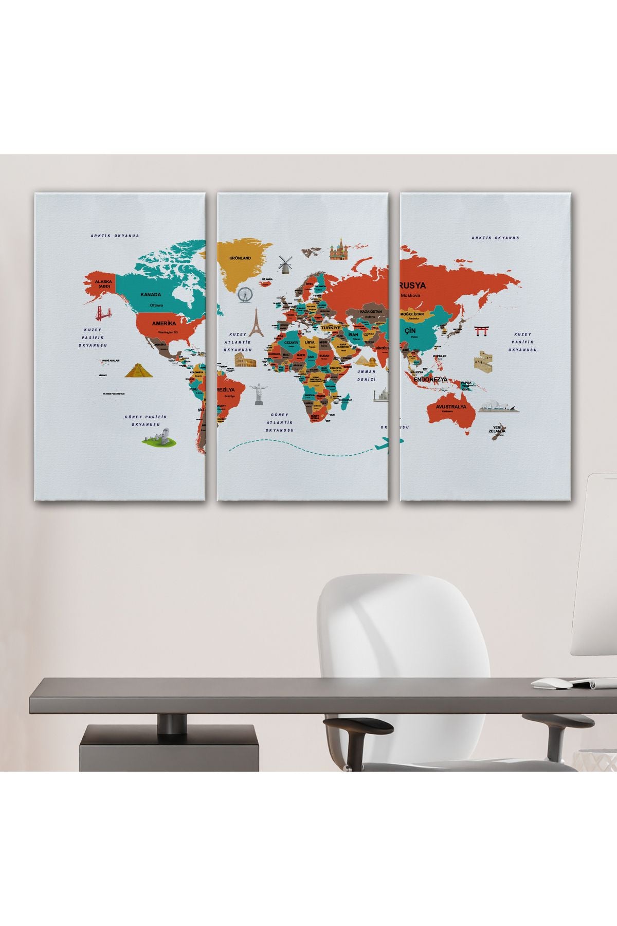 Türkçe Dünya Haritası Kanvas Tablo Ülke-Başkentli Öğretici ve Sembollü 2290